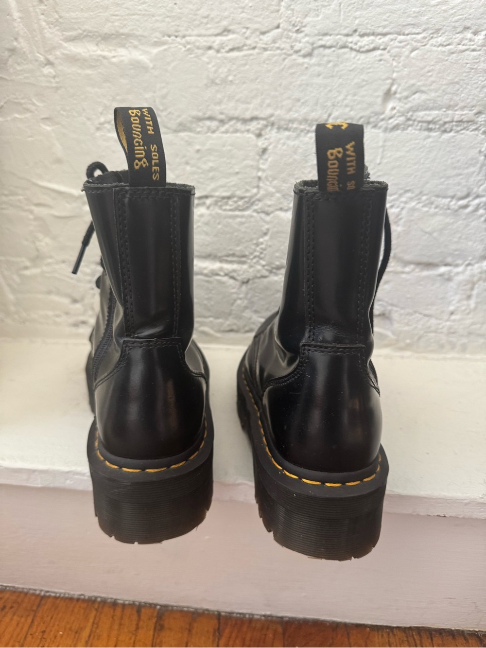 Dr. Martens Black Leather Platform Combat Boots with Yellow Stitching - Picture 6 of 8